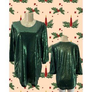 Jessica London 14W-L Xmas Green Sequin Lined 3/4 Sleeve Blouse